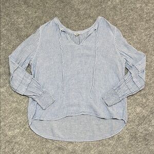 Rails Blue and White Striped V-Neck Tunic Linen Blend